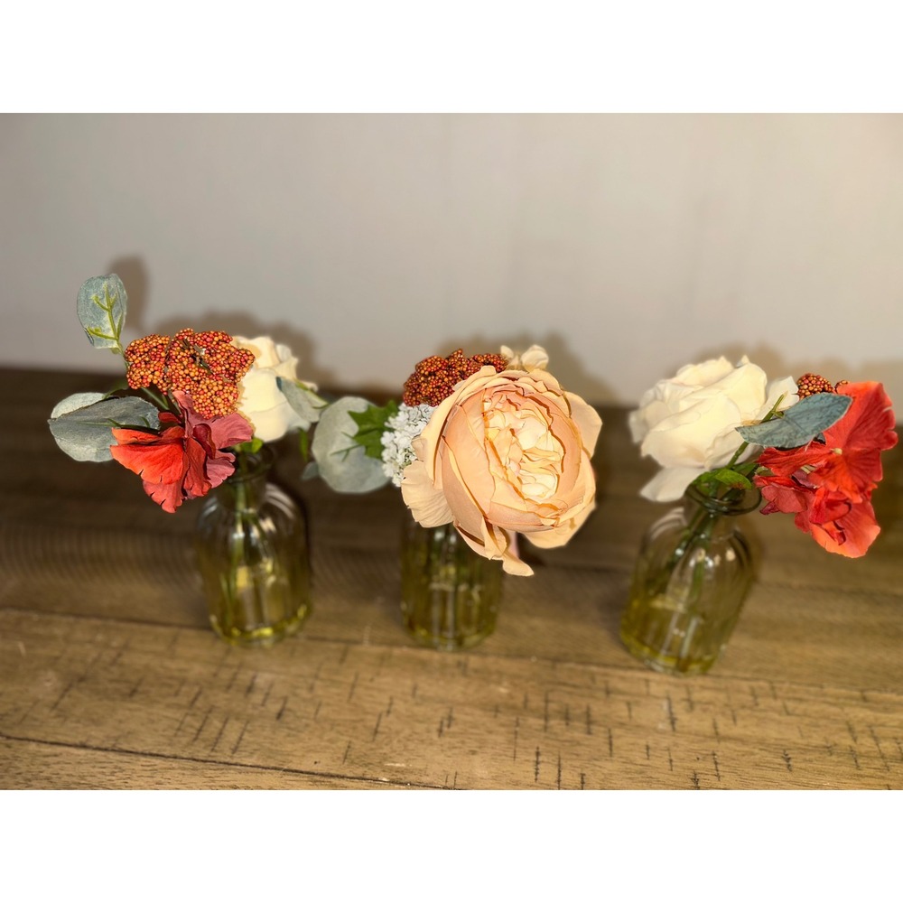 Set of 3 Mini Faux Floral Arrangements in Amber Glass Bud Vases Peach White Red